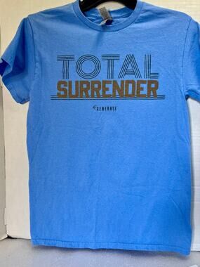 Women’s Sz Small Blue T-Shirt.  “Total Surrender” Graphic on Front. B11